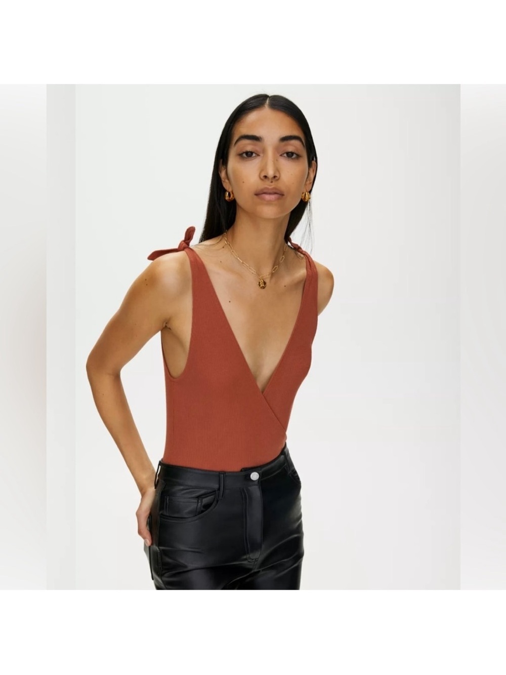 Wilfred Rust Ribbed Tie-Shoulder V-Neck Bodysuit